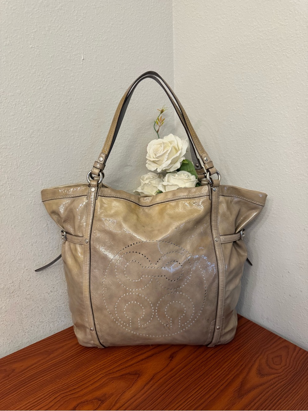 Coach Patent Leather Tote in Light Beige